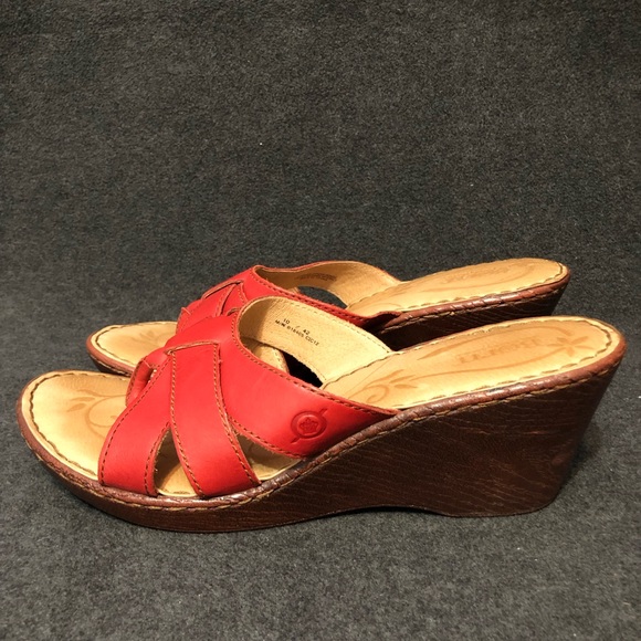 Born Shoes Women’s Red Leather Strappy Thong Wedge Slip On Sandals Size 10/42 - Picture 3 of 10
